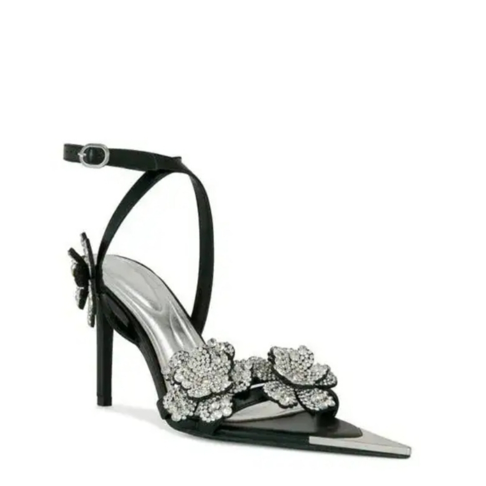 Azalea Wang Dress Sandals 9 Black Leather Njema Beaded Flowers Pointy New $100 - Picture 7 of 16